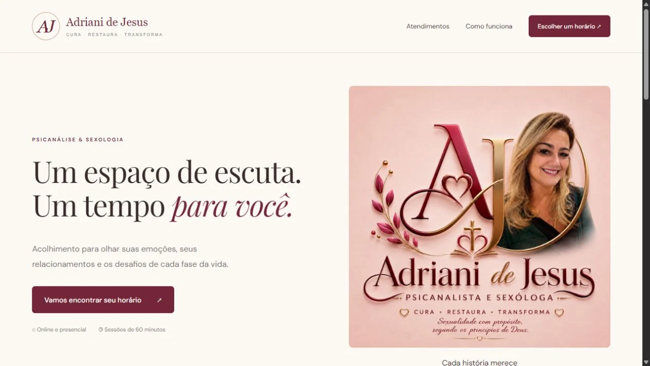 Página pública do site de Adriani de Jesus, com apresentação e acesso à agenda