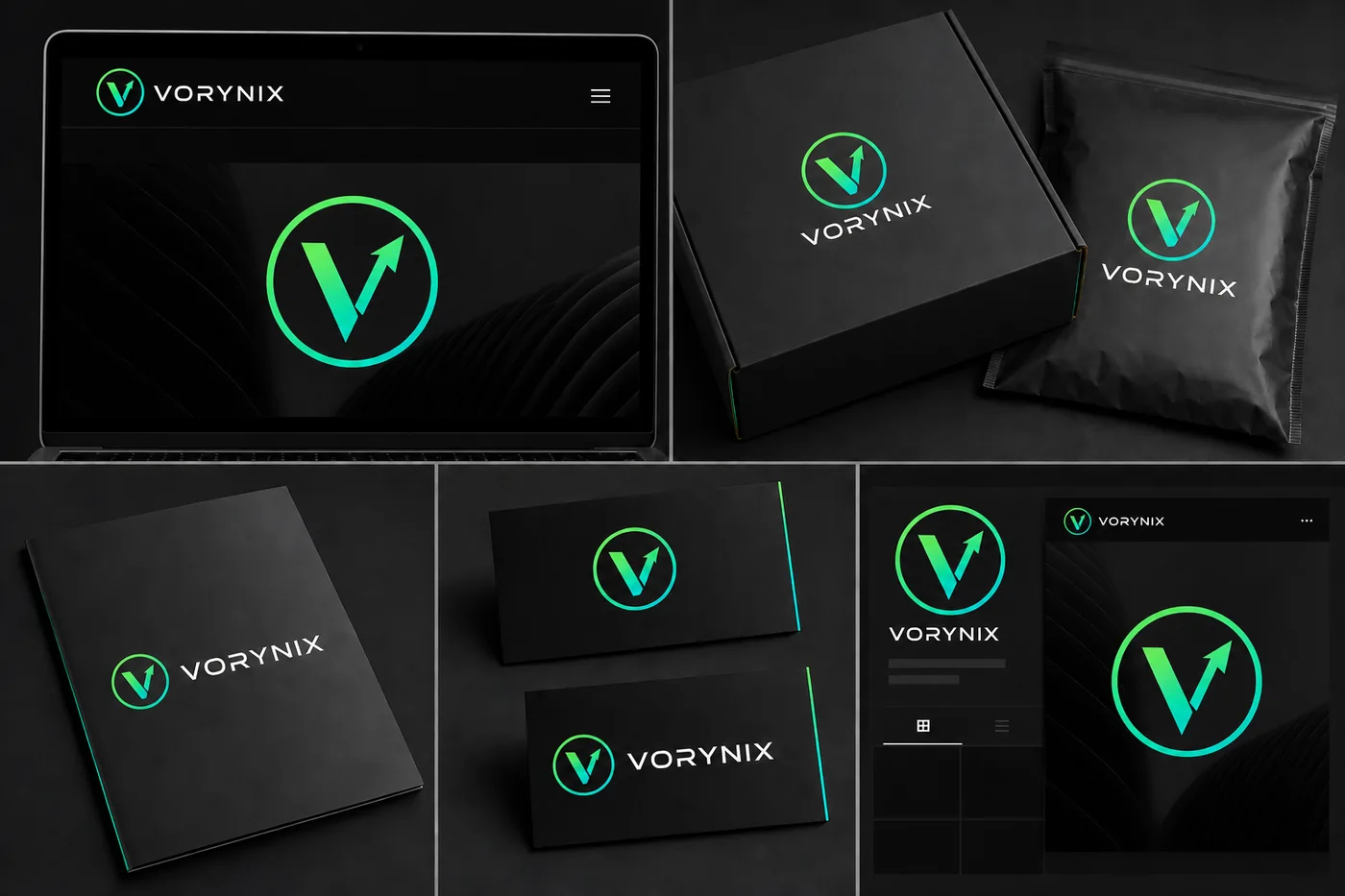 Identidade Vorynix aplicada a papelaria e materiais de marca